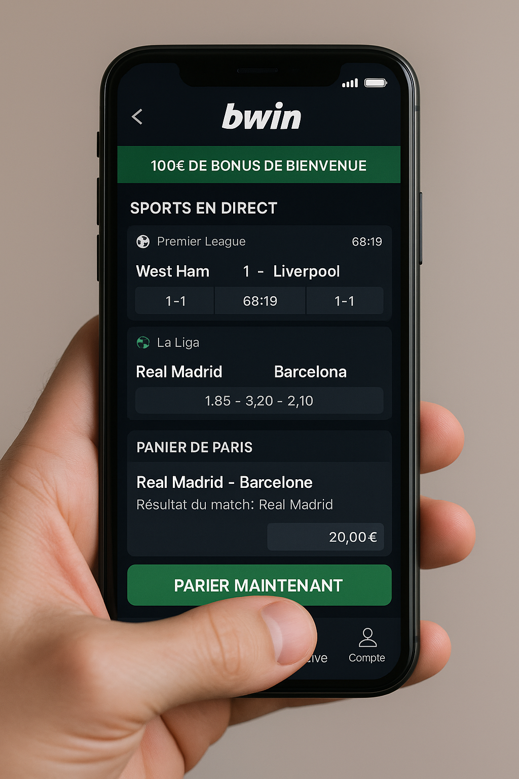 Interface mobile des paris sportifs